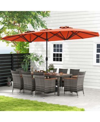 10 Pieces Patio Wicker Dining Set with Double-Sided Patio Umbrella 8 Armchairs