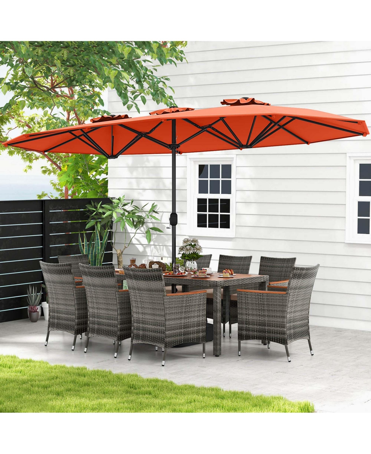 Costway 10 Pieces Patio Wicker Dining Set with Double-Sided Patio Umbrella 8 Armchairs