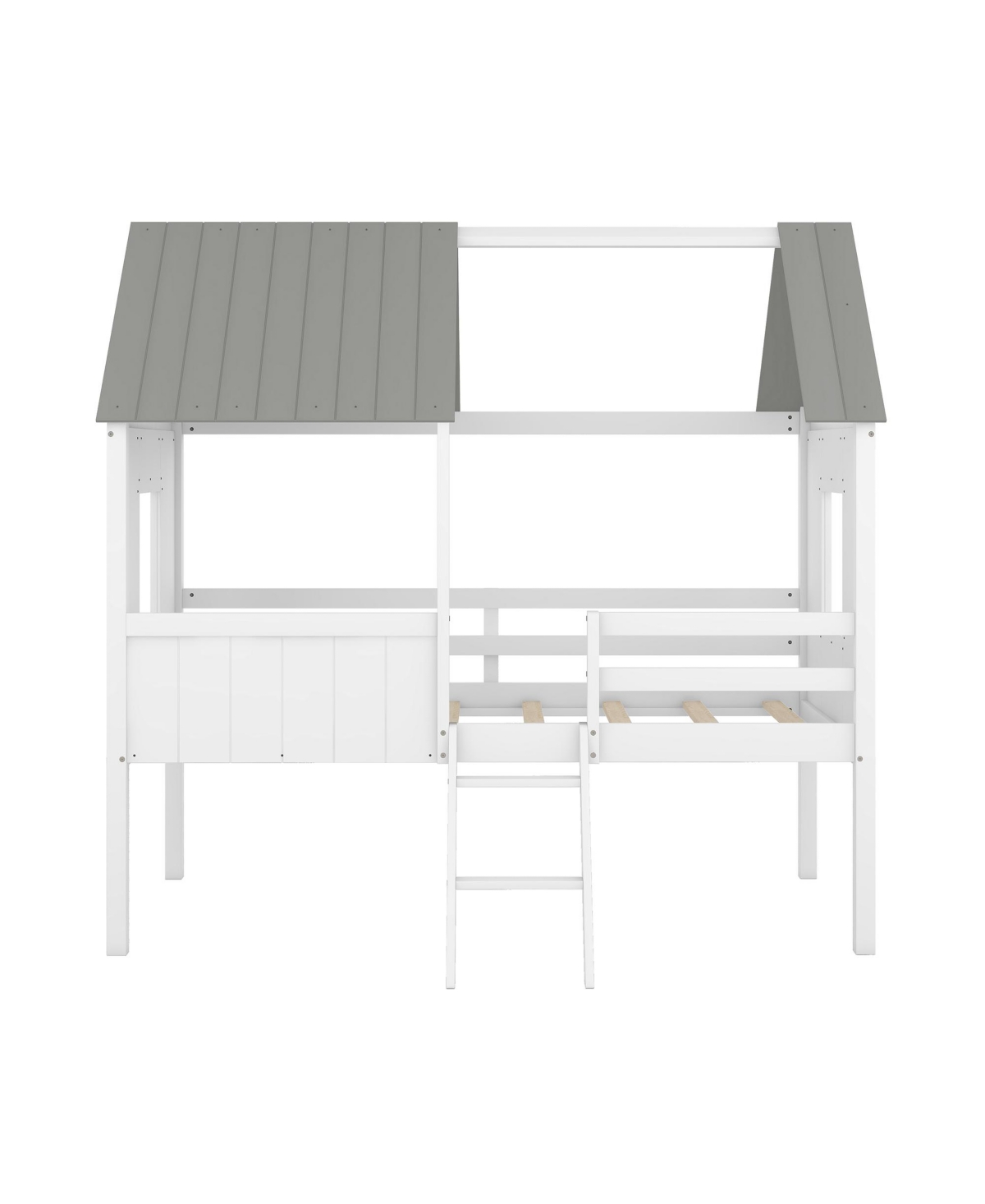 Slickblue Twin Size Low Loft Wood House Bed with Two Side Windows (White+Brown)
