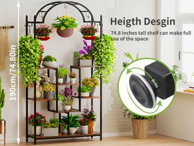 5-Tier Tall Plant Stand  Arched Metal Flower Display Holder Hanging Hooks
