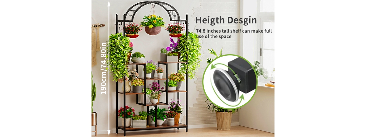 Unho Tall Arched Metal Flower Display Shelf Garden Flower Rack with Hanging Hooks - Black  brown