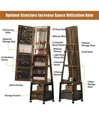 360° Swivel Jewelry Cabinet with LED Lights,Inside Makeup Mirror,Rotatable Full Length Mirror with Jewelry Storage for Bedroom