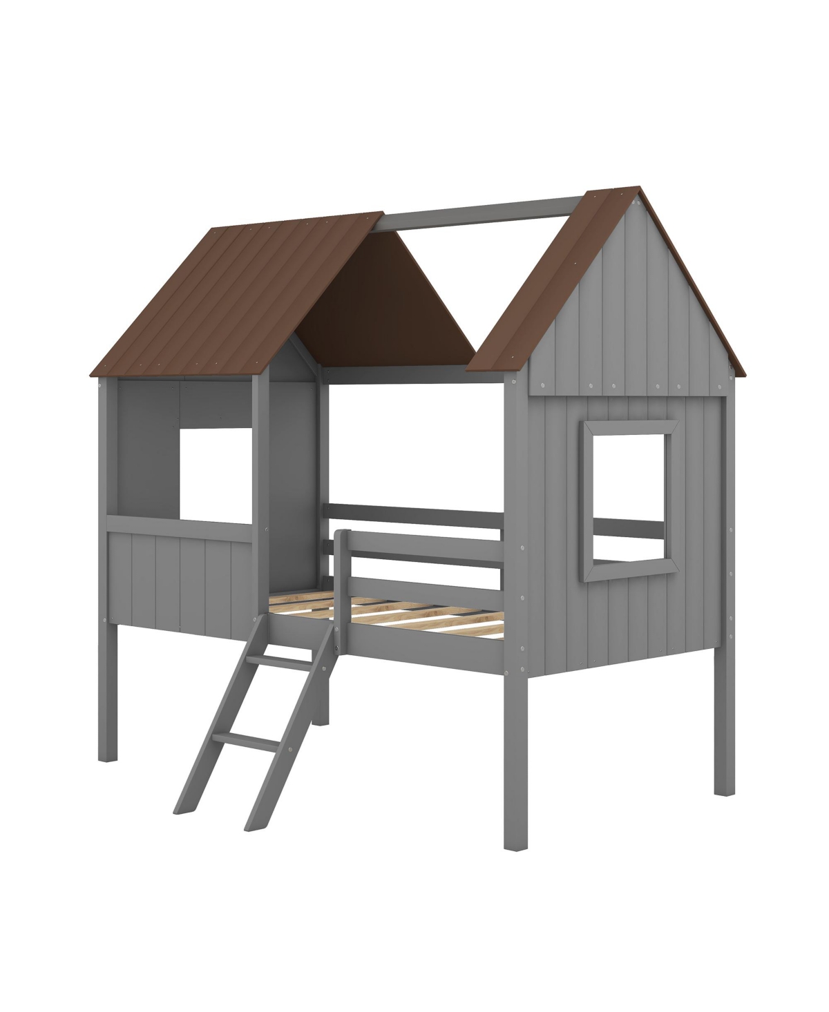 Slickblue Twin Size Low Loft Wooden House Bed with Two Side Windows for Cozy Kids' Rooms