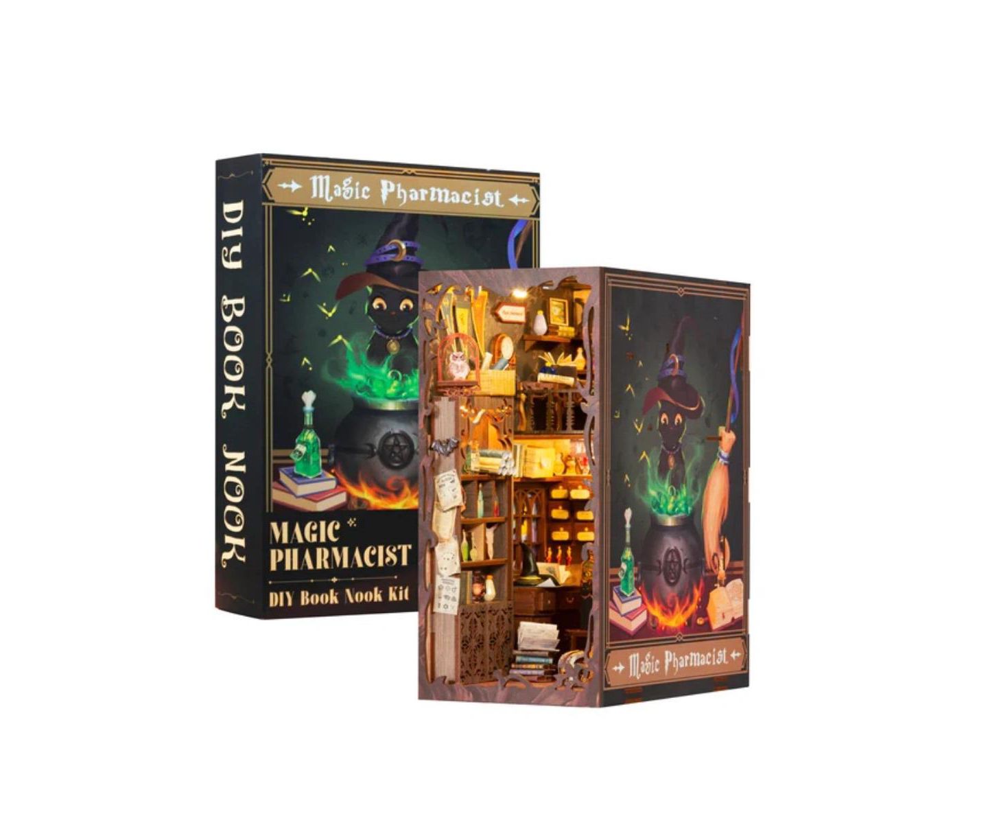 Детские конструкторы Cutebee Magic Pharmacist LED Light Book Nook Kit, 282-Piece Building Set, Ages 14+, цвет: Коричневый — фото 1