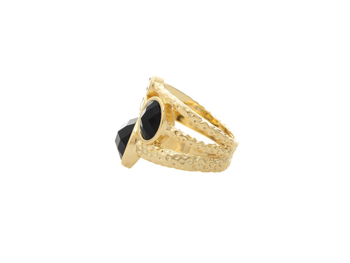 Rivka Friedman Hammered Satin Finish Faceted Black Onyx and Cubic Zirconia Stacked Ring - Gold with black onyx