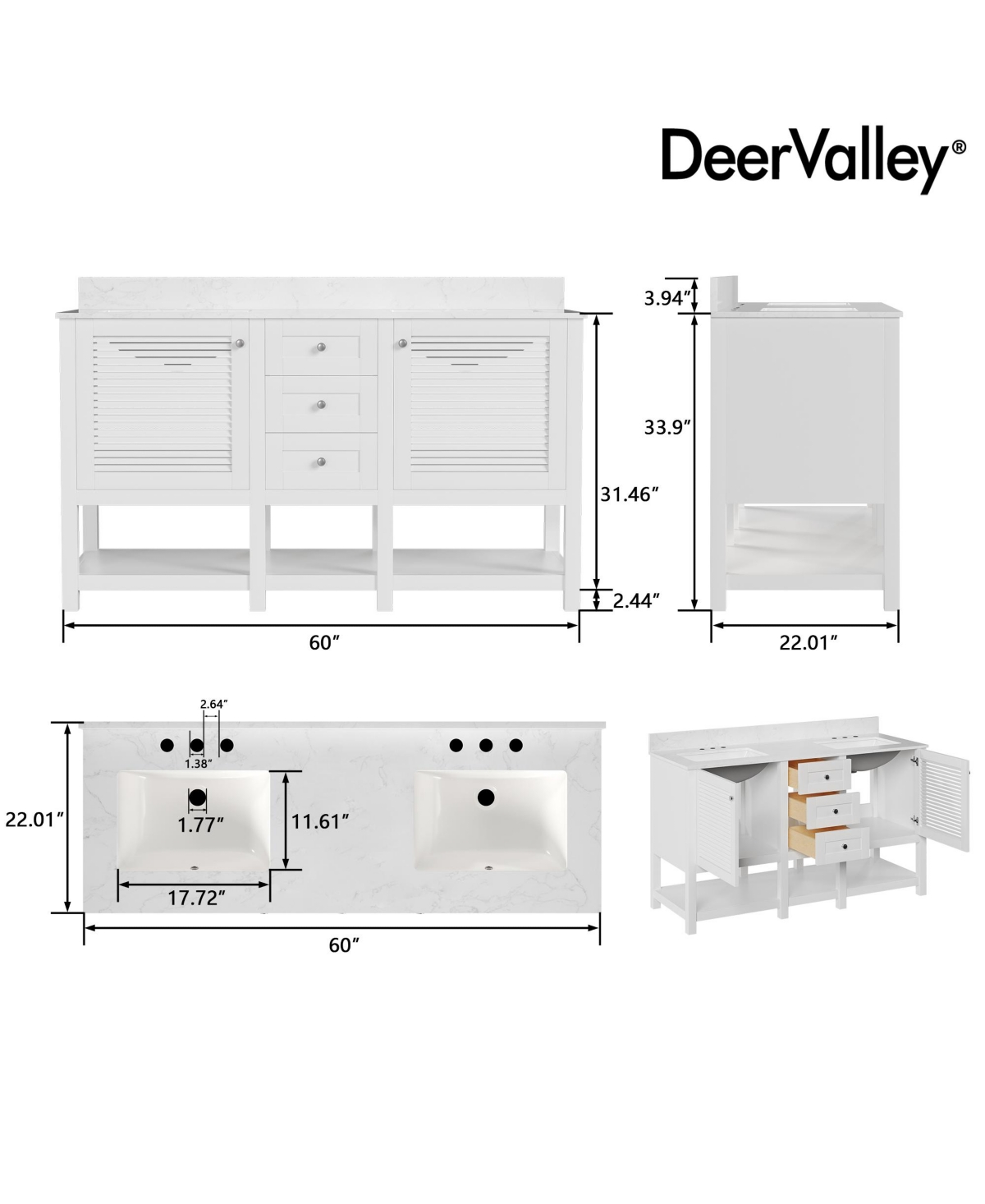 DeerValley 60'' Bathroom Vanity Double Sink Top with Backsplash, Pre-assembled Bathroom Cabinet- White