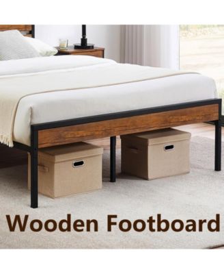 Queen Size Platform Bed Frame with Rustic Vintage Wood Headboard, Mattress Foundation Metal Slats Support, No Box Spring Needed, Brown