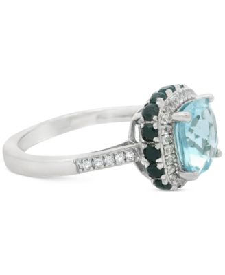 Lab Grown Swiss Blue Topaz (2-1/2 ct. t.w.), Lab Grown Black Sapphire (5/8 ct. t.w.) & Lab Grown White Topaz (1/5 ct. t.w.) Halo Ring in Sterling Silver