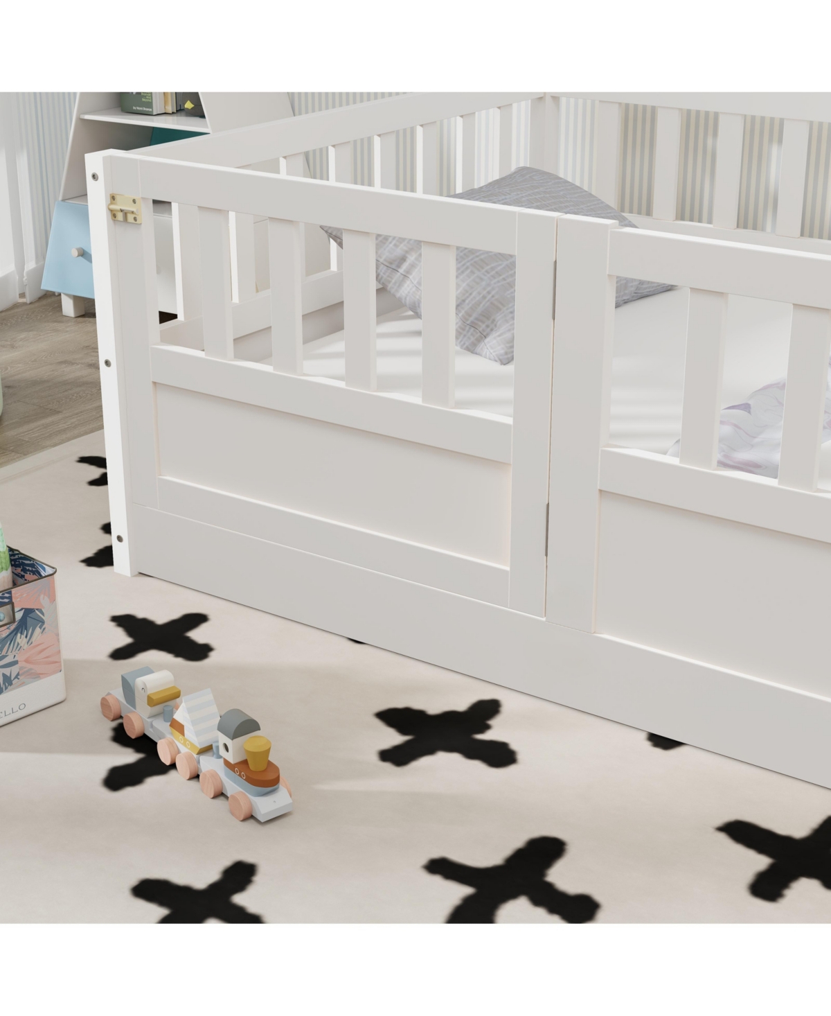 Slickblue Twin Size Montessori Wooden Floor Bed – Features Integral Construction with High Security Barrier and Door - White