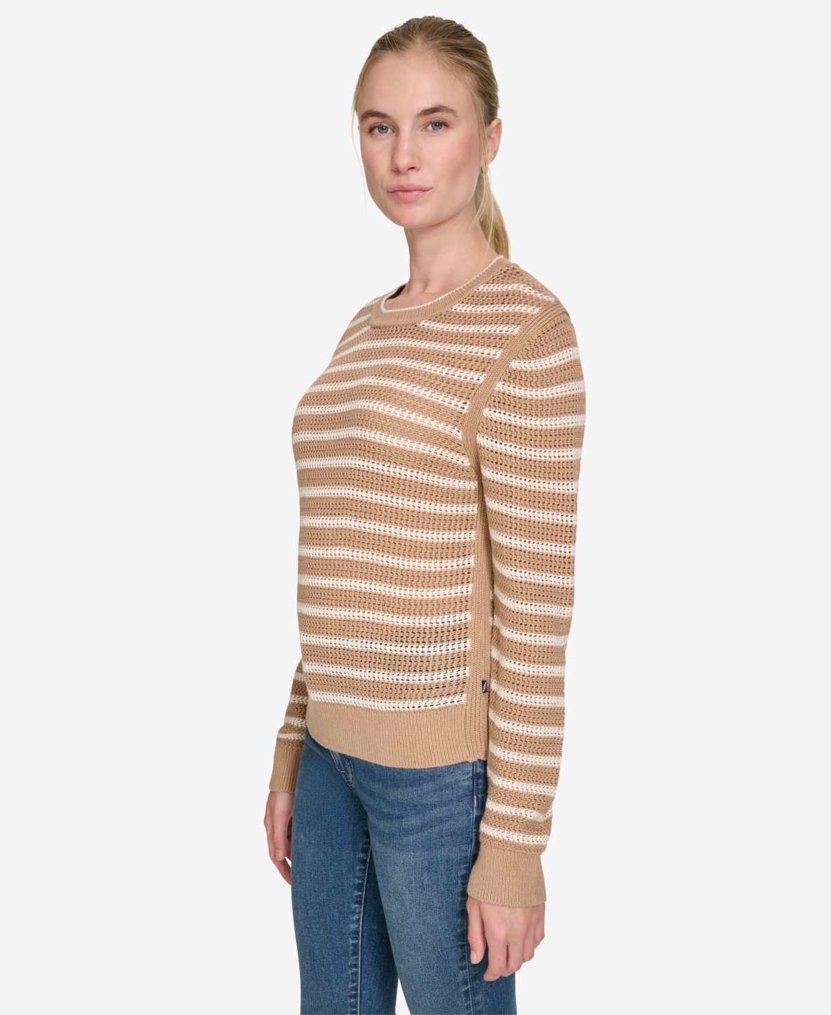 Nautica Jeans Women's Long Sleeves Pointelle Crew Neck Sweater In Camel,white Swan
