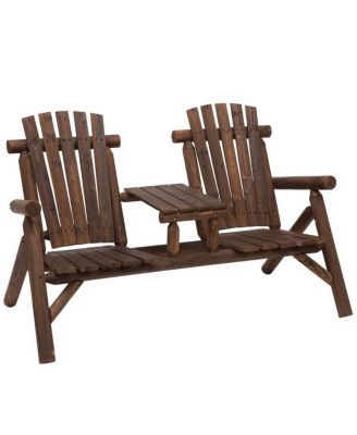Outdoor Wood Bench Chair with Built-In Center Coffee Table for Patio and Garden-Brown