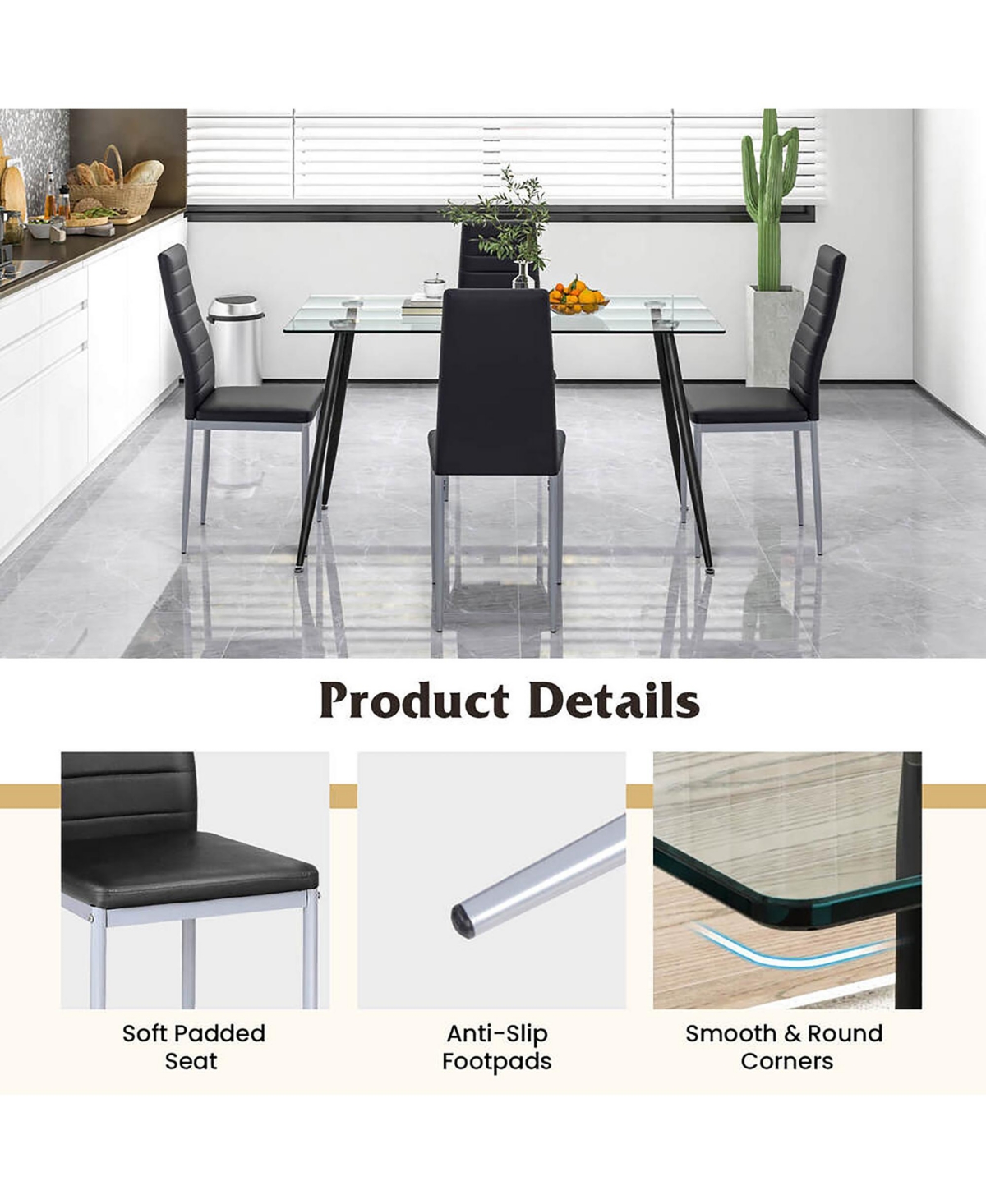 Gymax 5 Pcs 51'' Rectangle Dining Set 0.3'' Thick Glass Table w/ 4 Padded Dining Chairs - Black+silver