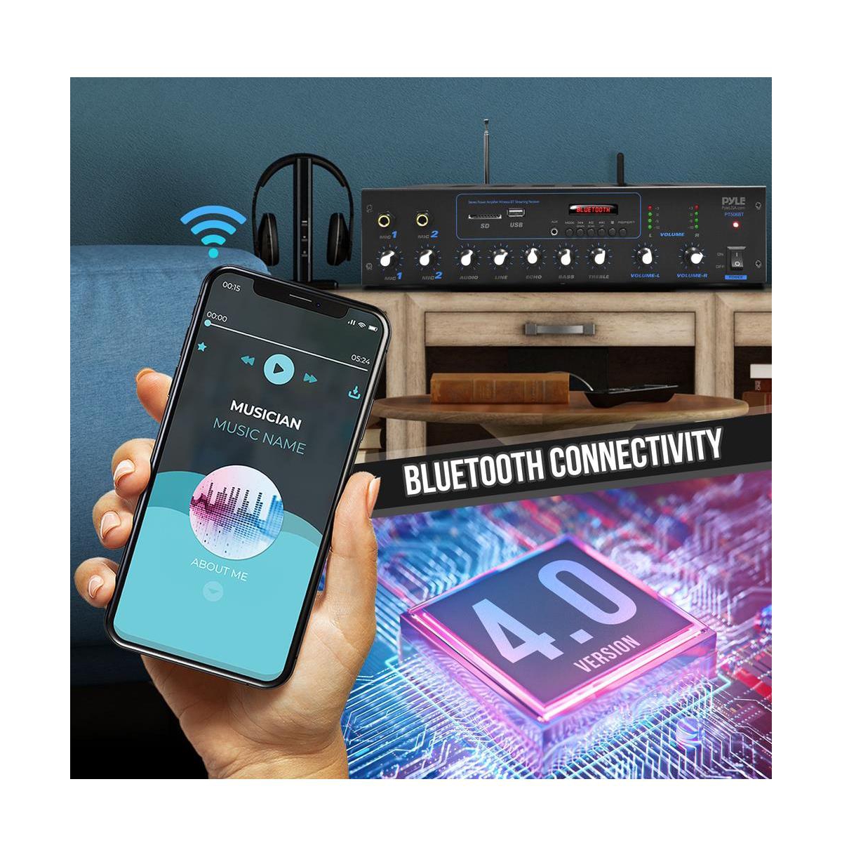 Pyle Bluetooth Audio Amplifier System With Fm Radio, Microphone Inputs, MP3/Usb/Sd/Aux Playback, 600 Watt
