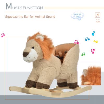 Baby Rocking Horse Lion with Sound, Plush Stuffed Rocking Animals, Wooden Rocking Horse with Seat Belt for 18-36 Months Boys and Girls Gift, Brown