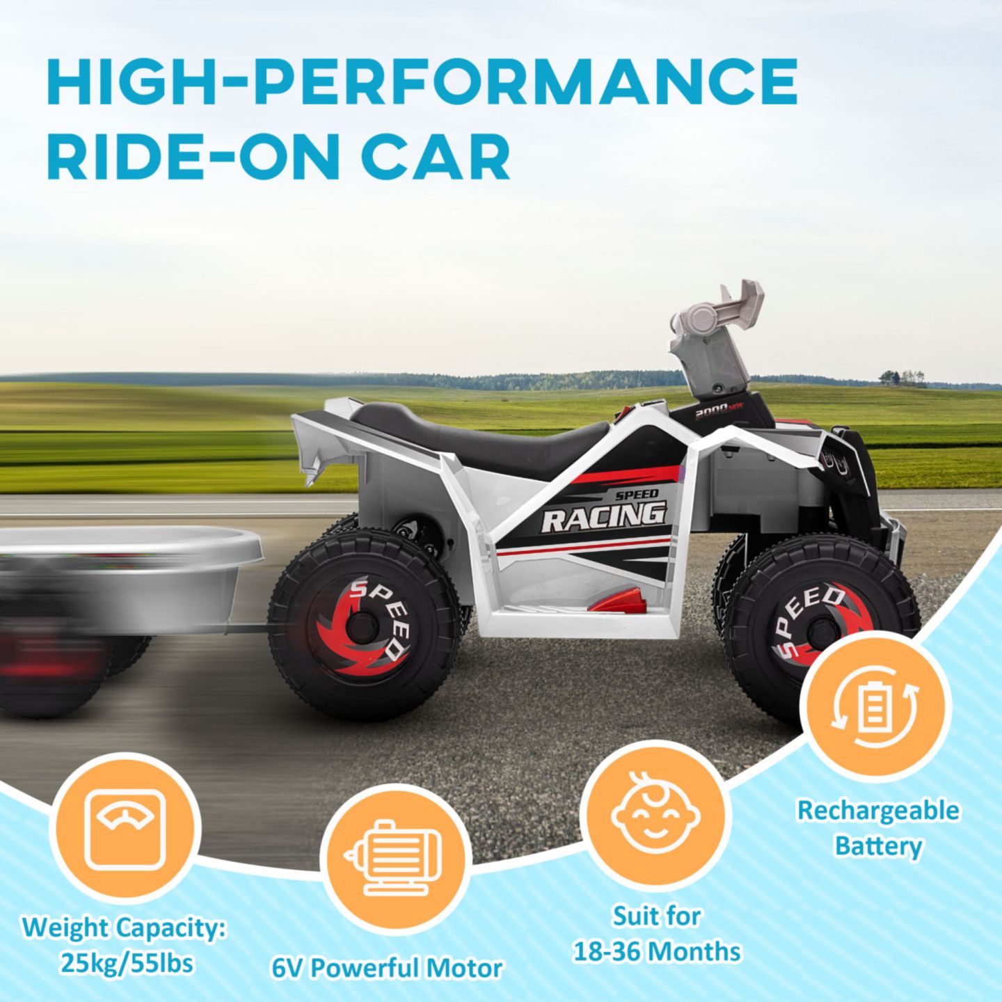 Детская игрушка Streamdale Furniture Electric Ride-On ATV with Back Trailer, цвет: Белый — фото 7