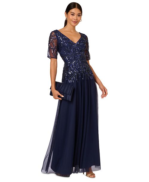 alfani Adrianna Papell Women's Embellished Mesh V-Neck Gown Women's Fashion Shoes & Accessories