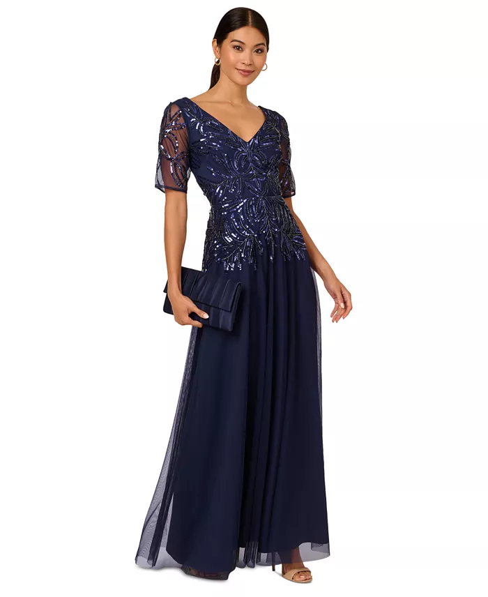 Women's Embellished Mesh V-Neck Gown