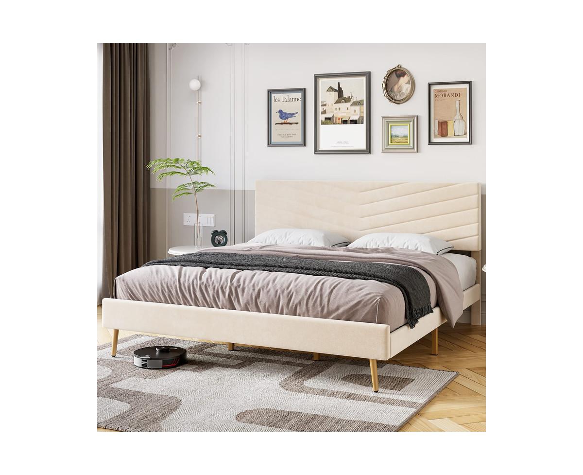 Garmin King Size Bed Frame with Adjustable Headboard, Velvet Upholstered Platform Bed, Solid Wood Slats Support, No Box Spring Needed -khaki