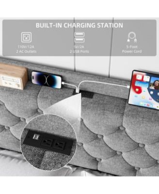 King Size Bed Frame with Charging Ports & Storage Shelf, Upholstered Platform Bed with Wingback Headboard, No Box Spring Needed, Gray