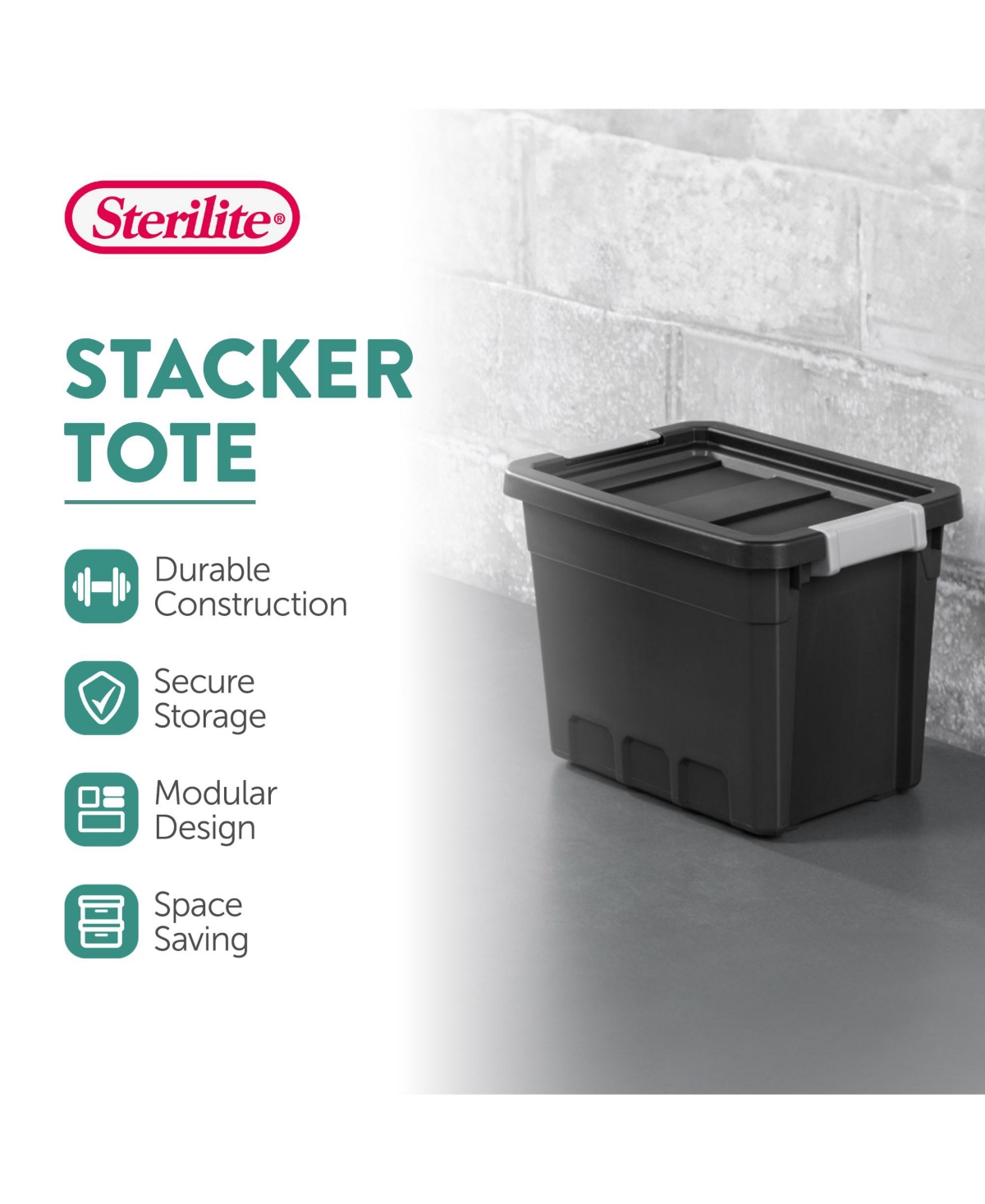 Sterilite 7.5 Gal Rugged Industrial Storage Totes w/ Latch Lids,(6 Pack) - Black