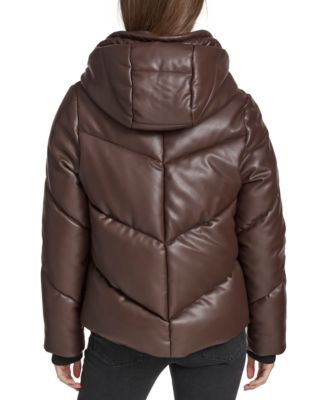 Women's Faux-Leather Hooded Puffer Jacket