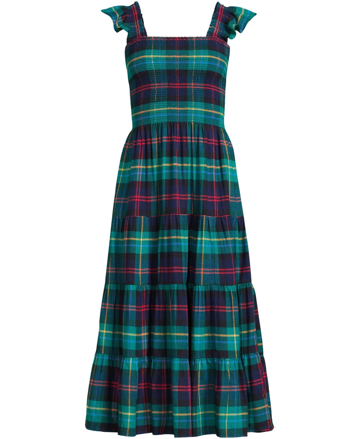 Lands' End Women's Drapey Flannel Smocked Midi Dress with Ruffle Strap -navy/red plaid