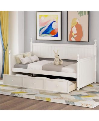 Twin Size Wood Daybed with Three Drawers – Stylish and Functional Design in White, No Box Spring Needed, Perfect for Guest Rooms or Kids' Bedrooms