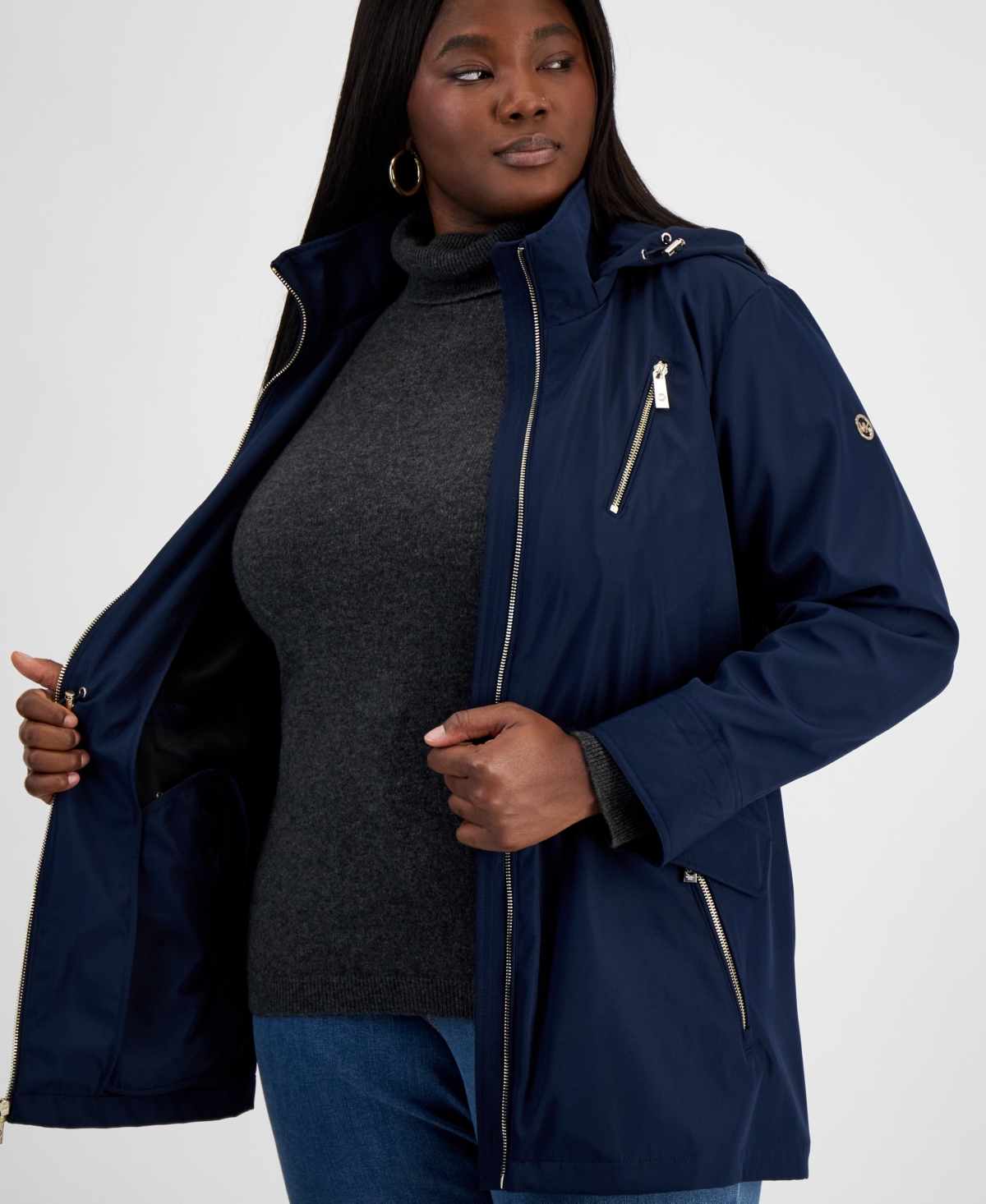 Michael Kors Michael  Plus Size Hooded Water-resistant Anorak Coat In Midnight