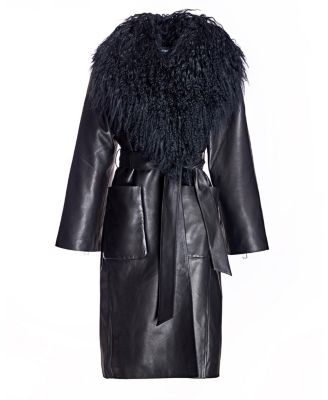 Women's Leather Coat with Shearling Trim