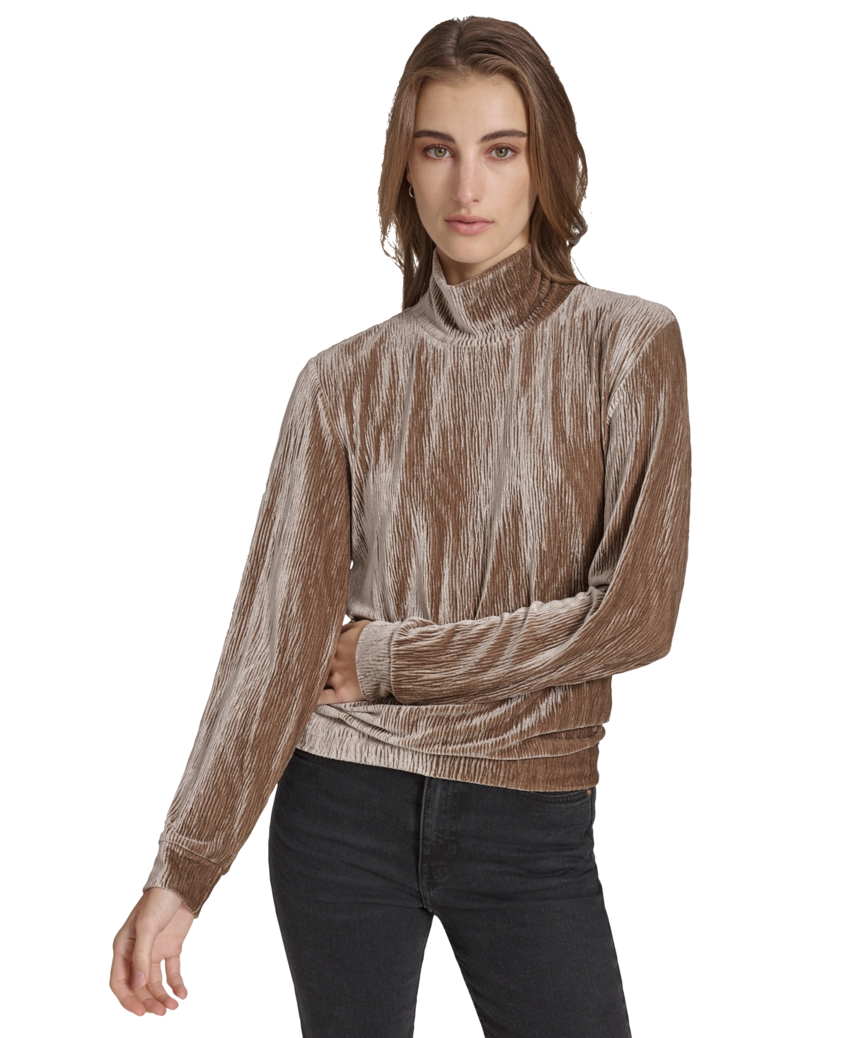 Marc New York Andrew Marc Sport Women's Wavy Velvet Turtleneck Top In Cinnamon