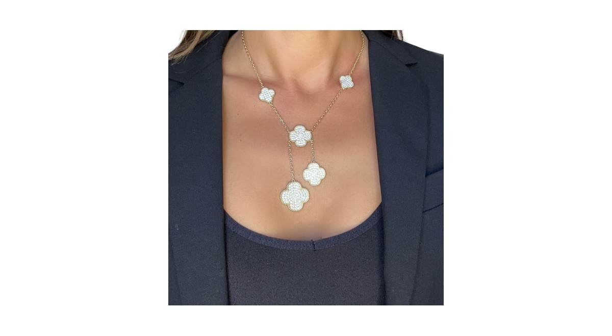 Rivka Friedman Pave Cubic Zirconia 5 Clovers on Y Chain Necklace - Gold with clear cz