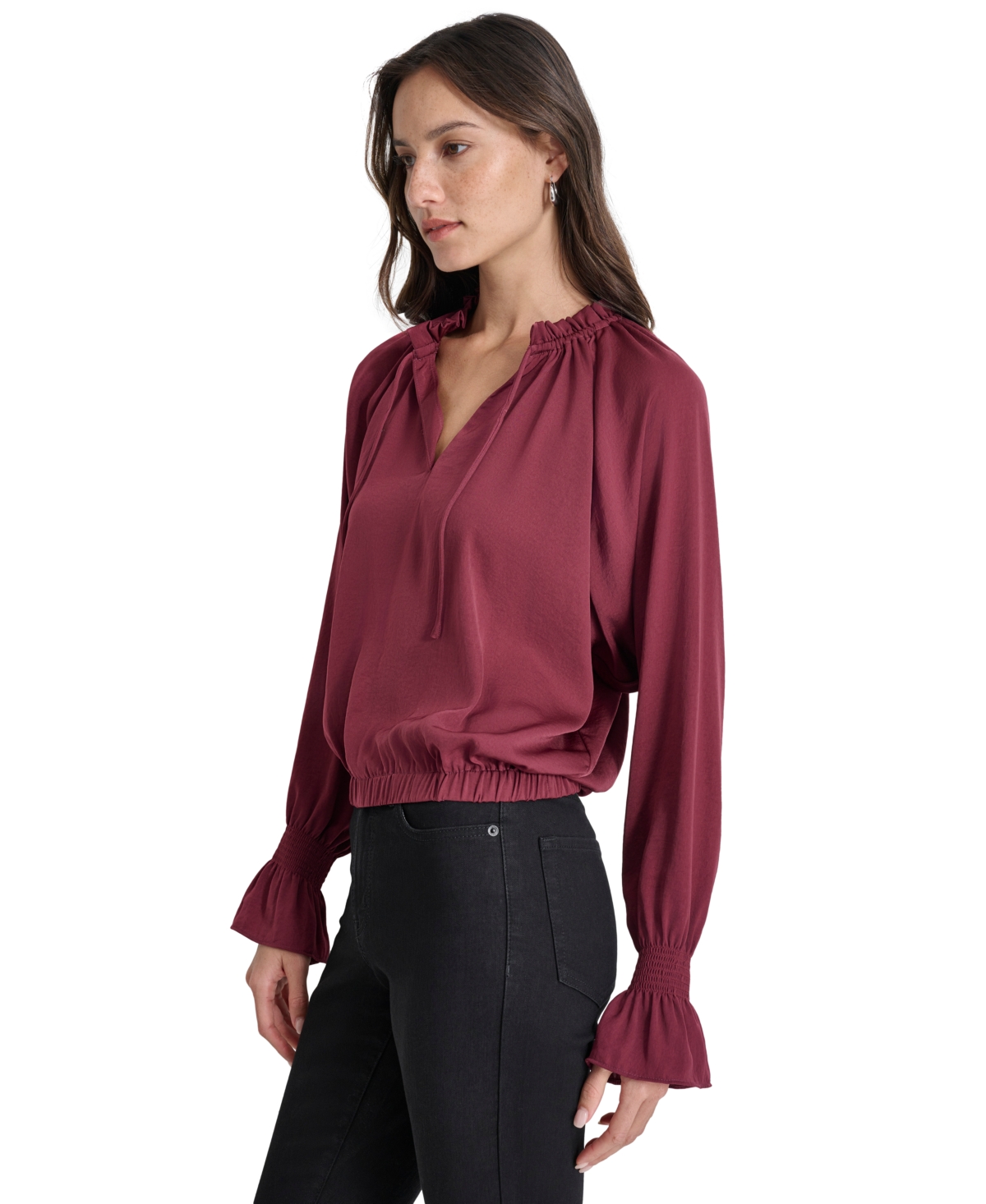 Shop Dkny Jeans Women's Smocked-cuff Raglan-sleeve Blouse In Burgundy