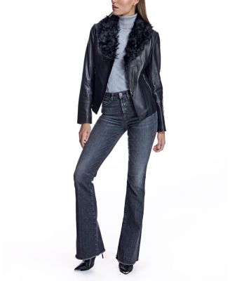 Women's Leather Jacket with Curly Lamb Collar