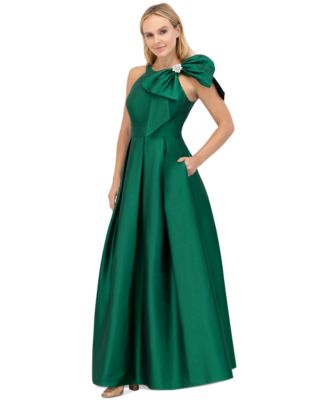Women's Bow-Trim Halter Pleated Taffeta Gown