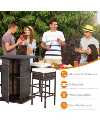 5 Pieces Patio Rattan Bar Furniture Set with Cushions and Hidden Storage Shelf