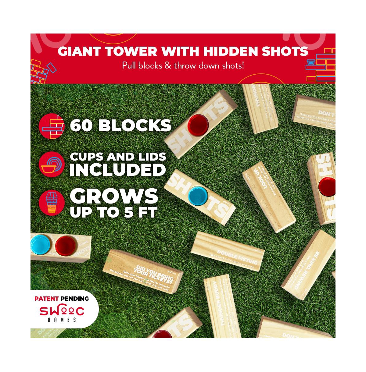 Swooc Giant Tower Party Game with Hidden Shots & 60 Commands - Includes 60 Blocks,104 Disposable Cups & Carrying Case