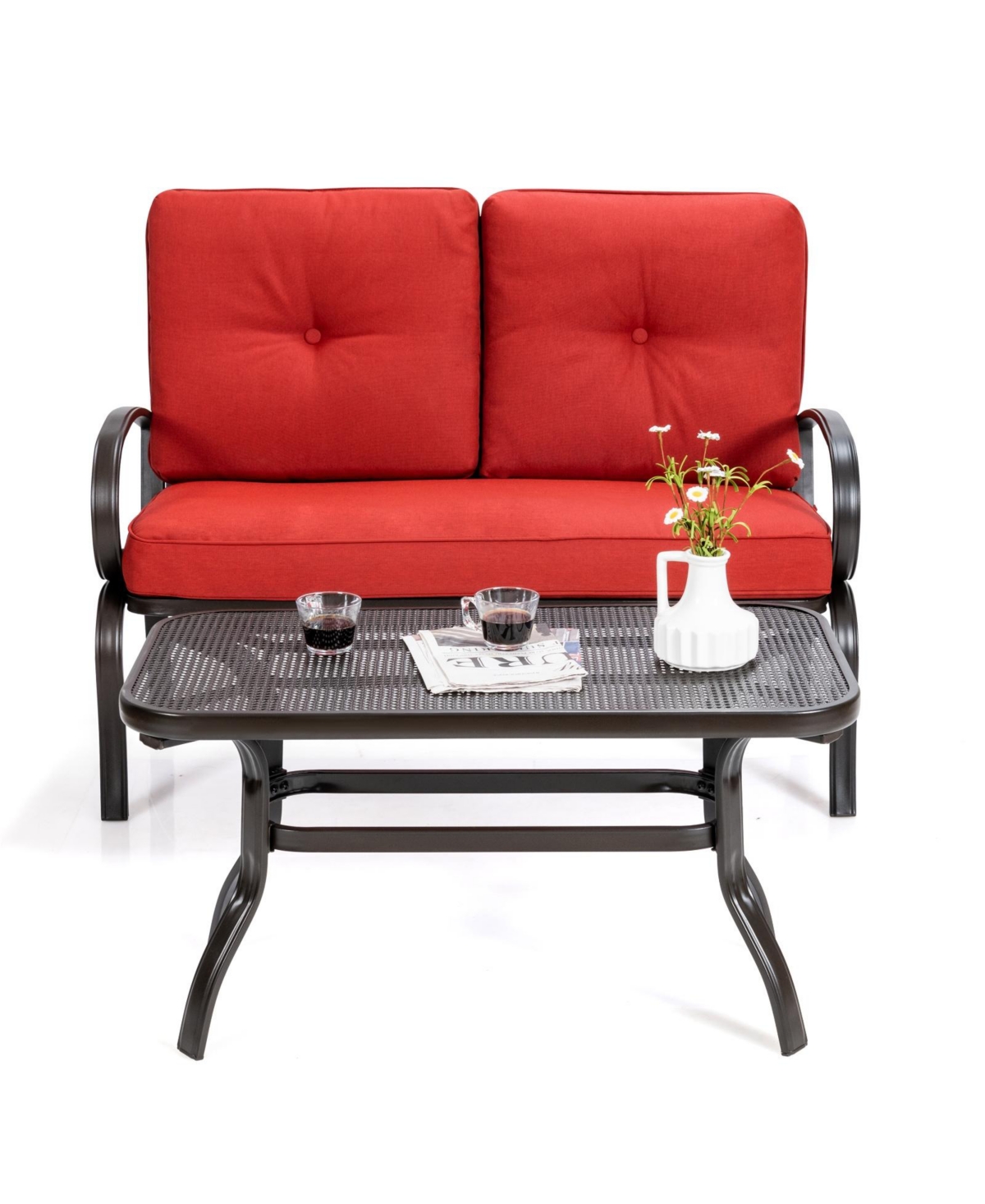 Sugift 2 Pieces Patio Outdoor Cushioned Coffee Table Seat- Red