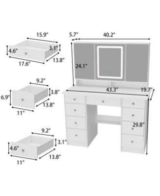 Pink Modern Makeup Vanity Desk 9-Drawers Wood Dressing Table with 3 Mirrors, Hidden Storage Shelves, LED Lighted Lights