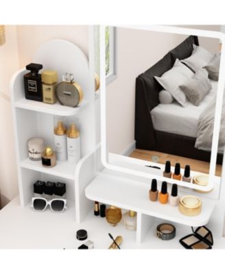 5-Drawers White Makeup Vanity Sets Dressing Table Sets With Stool, LED Lighted Mirror, Power Strip and Hair Dryer Holder