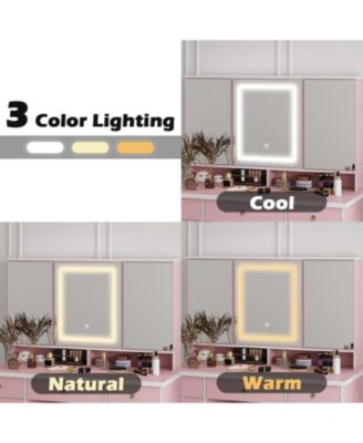 Pink Modern Makeup Vanity Desk 9-Drawers Wood Dressing Table with 3 Mirrors, Hidden Storage Shelves, LED Lighted Lights