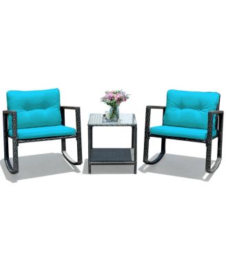 3 Pieces Cushioned Patio Rattan Set with Rocking Chair and Table-Blue