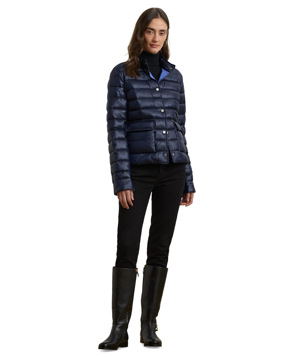 Ralph Lauren Petite Snap-front Stand-collar Packable Coat In Dark Navy