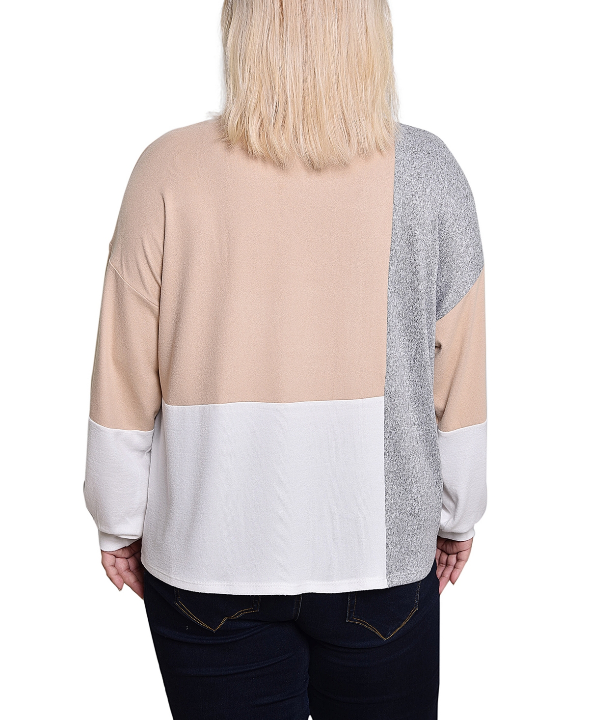 Ny Collection Plus Size Long Sleeve Color Blocked Pullover Top In Tan,ivory,grey