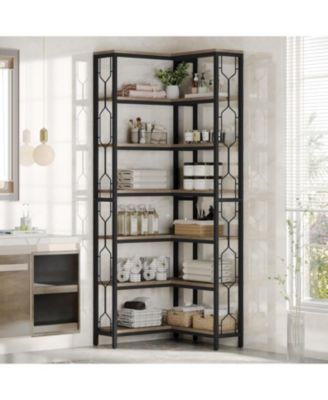 Corner Shelf, 7-Tier Industrial Corner Bookshelf, Wood and Metal Corner Etagere Bookcase, Freestanding Display Shelf for Living Room