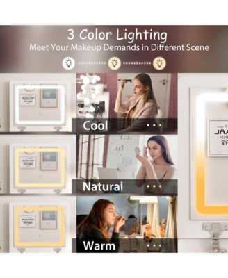 White Makeup Vanity Sets Dressing Chest with Flip-top Mirror, 3-Drawers, See-Through Glass Top, LED Lights and Stool