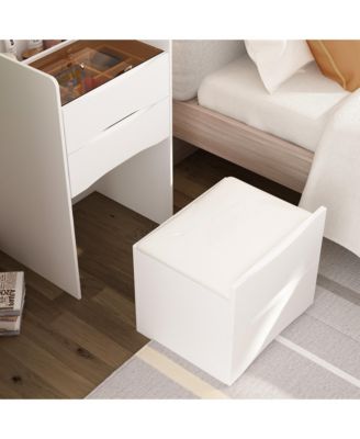White Makeup Vanity Sets Dressing Chest with Flip-top Mirror, 3-Drawers, See-Through Glass Top, LED Lights and Stool