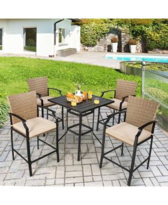Patio Rattan Bar Stools Set of 4 with Soft Cushions