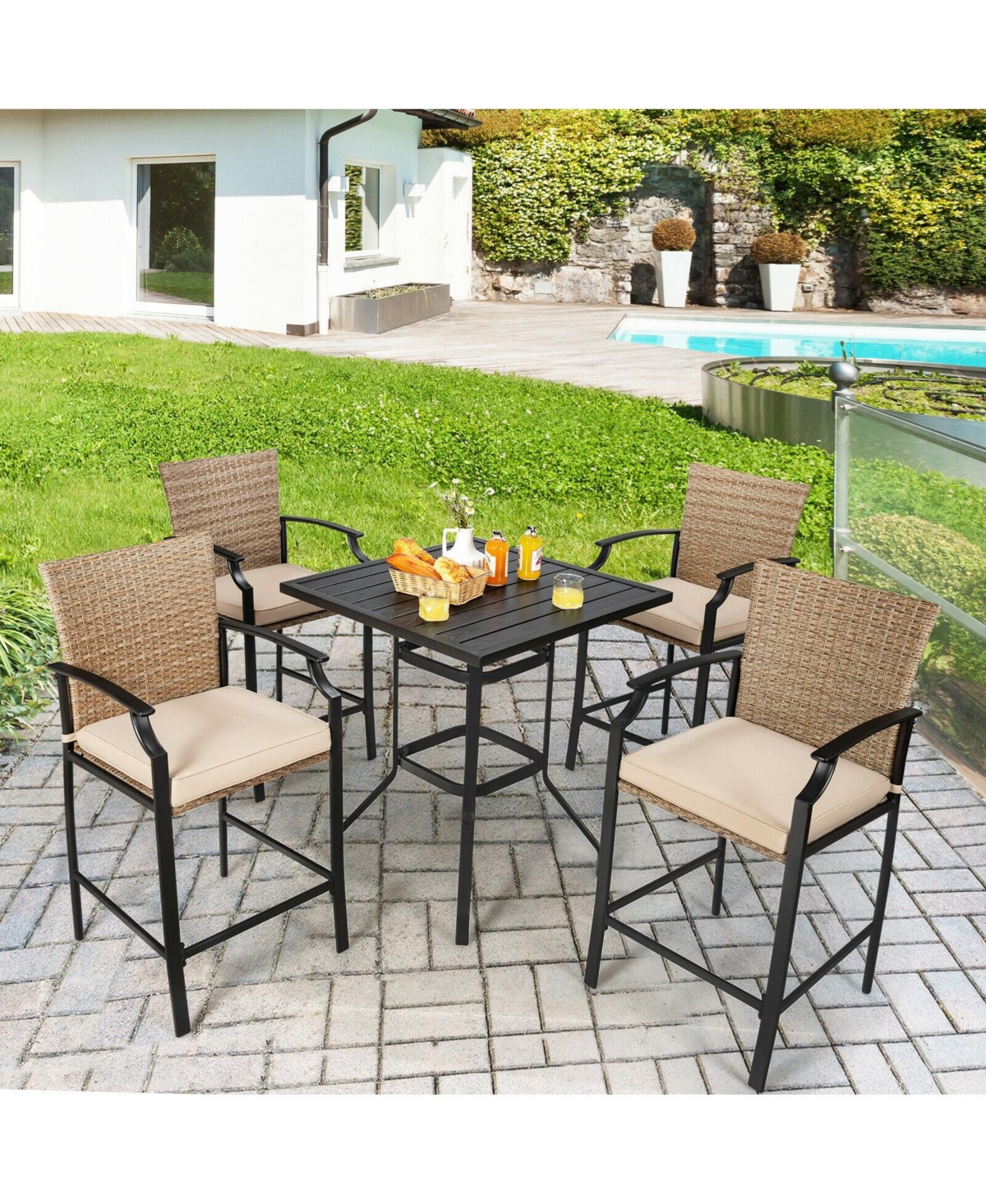 Sugift Patio Rattan Bar Stools Set of 4 with Soft Cushions -khaki