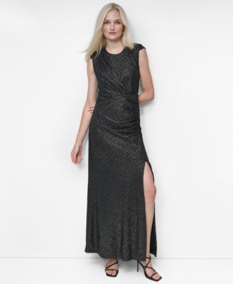 DKNY - Women's Gathered-Hip High-Slit Metallic-Threaded Gown