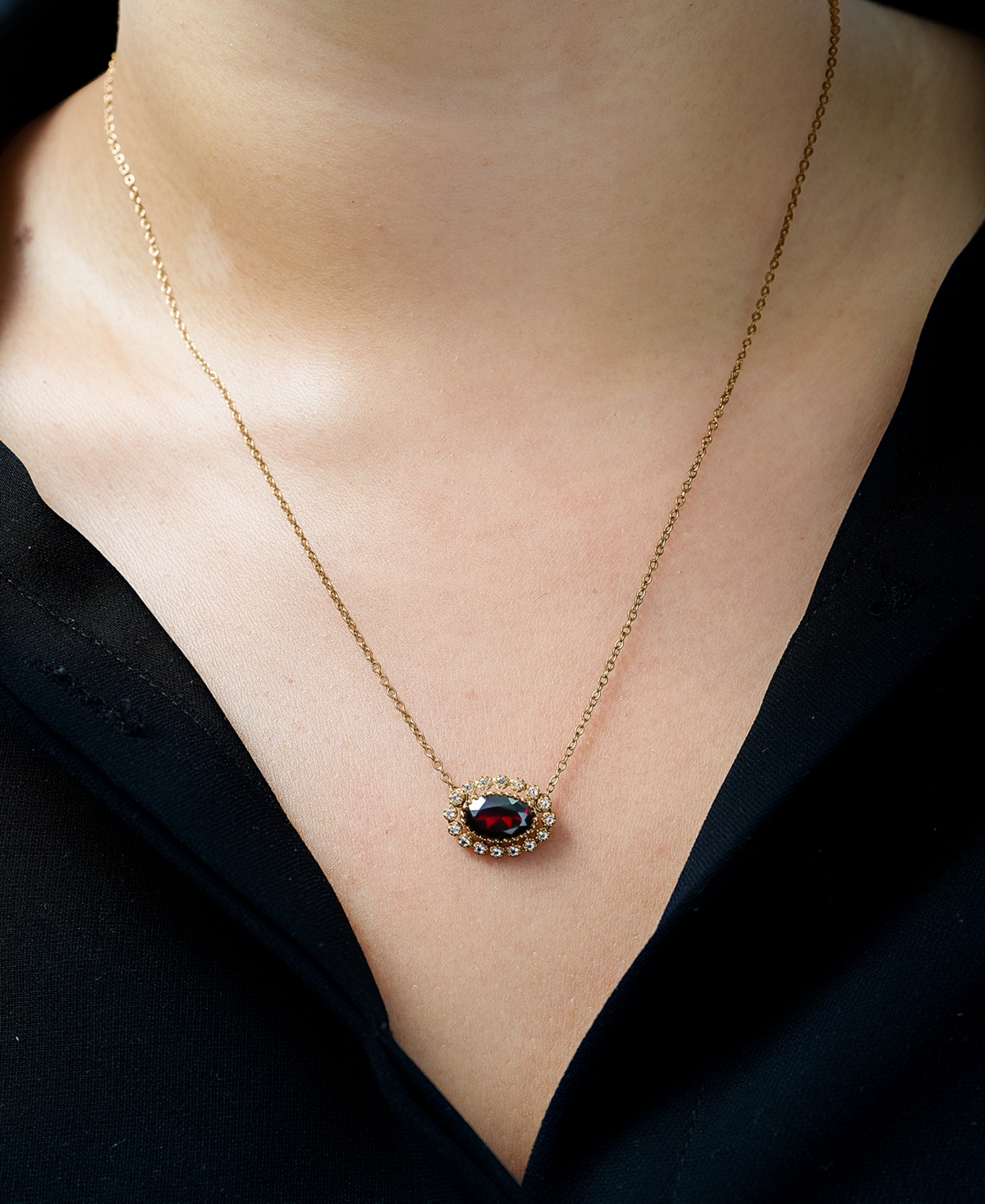 (1-7/8 ct. t.w.) & White Topaz (1/4 ct. t.w.) Oval Halo Pendant Necklace in 14k Gold-Plated Sterling Silver - Garnet, White Topaz